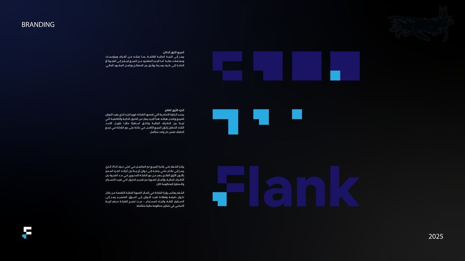 The logo's construction on a dark background: dark blue squares forming the F, and the light blue pieces that complete it.