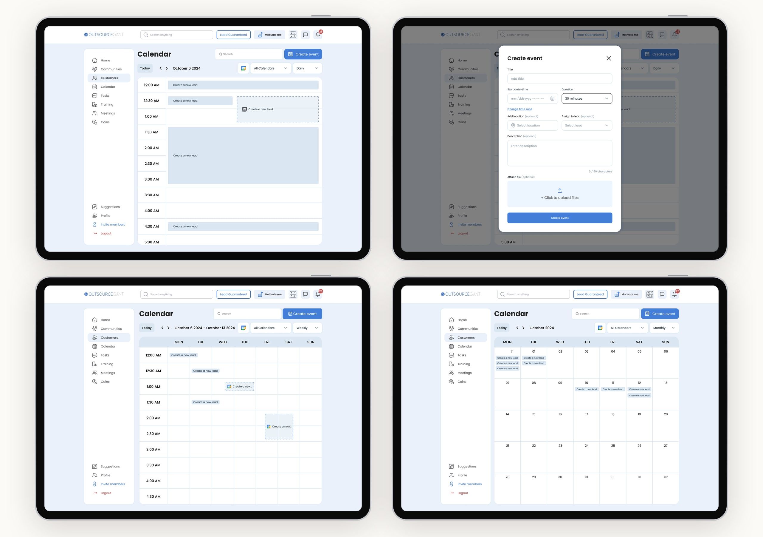 Four desktop calendar screens in tablet frames: the daily view, the create event dialog, the weekly view, and the monthly view.