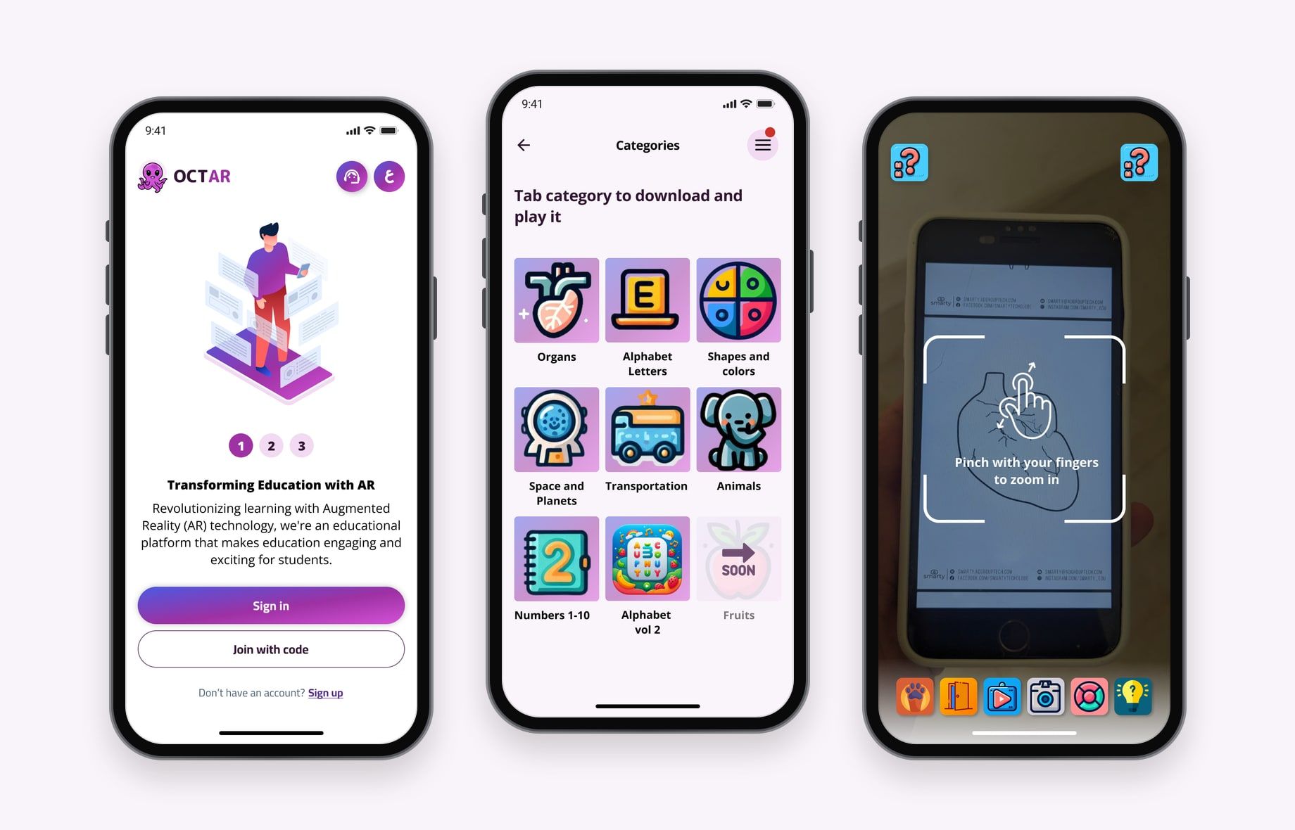 Three OCTAR screens in a purple theme, showing the welcome screen, the category library, and the AR camera pointed at a coloured drawing of a heart.