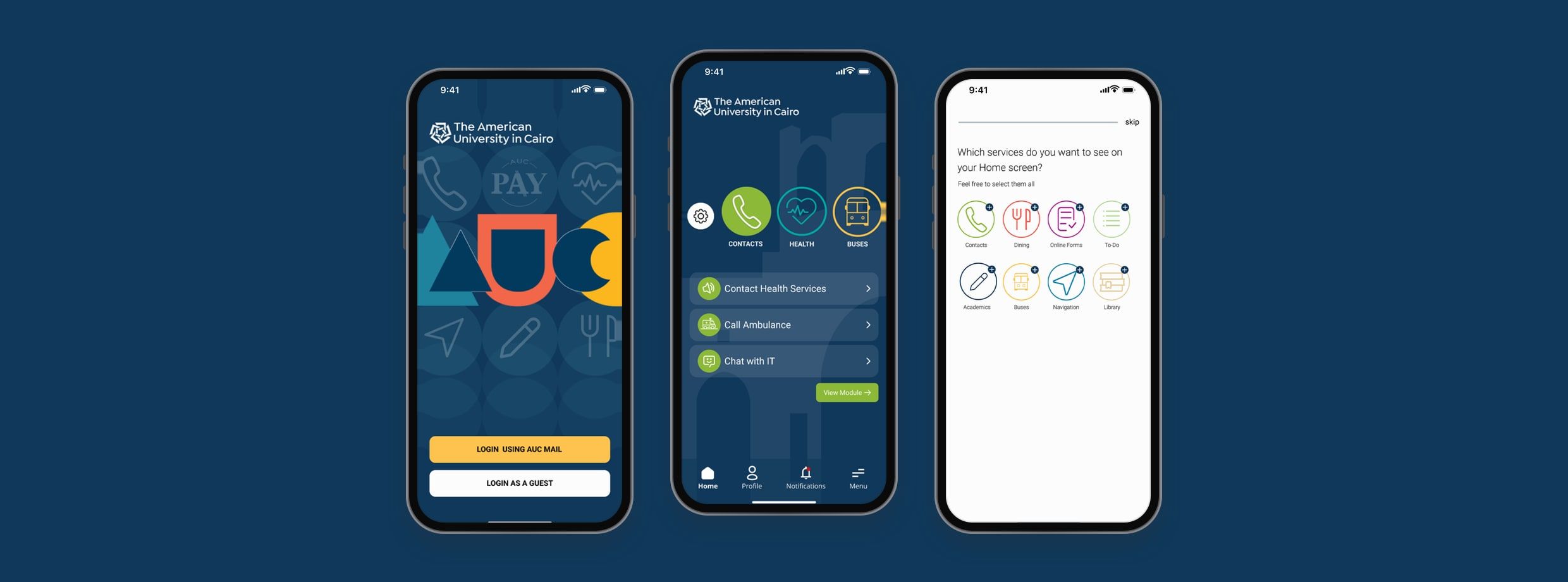 Three MyAUC screens on navy, showing the welcome screen with AUC's shape logo, the home screen with service shortcuts, and choosing services during onboarding.