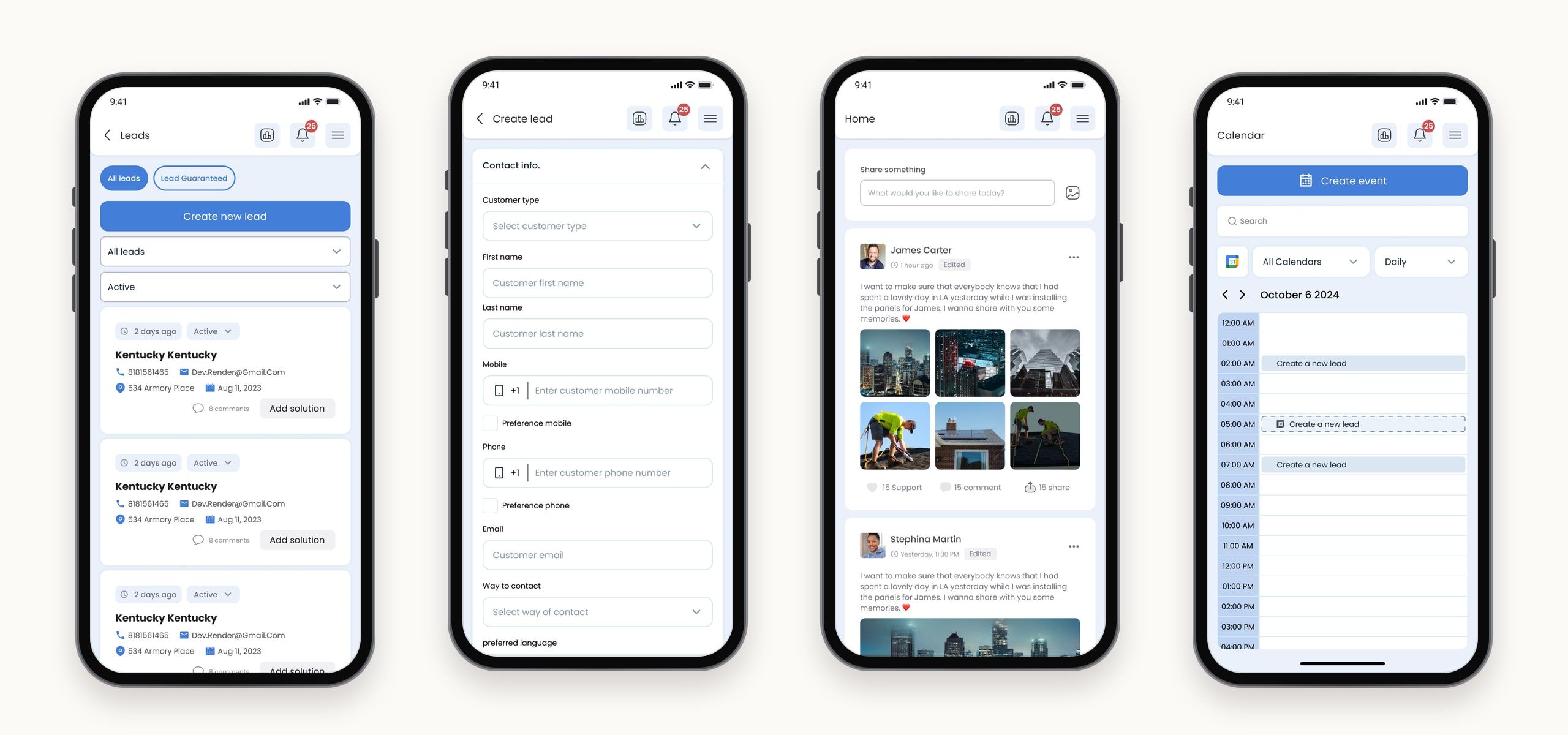 Four mobile screens: the leads list, the create lead form, the team feed with photo posts, and the daily calendar.