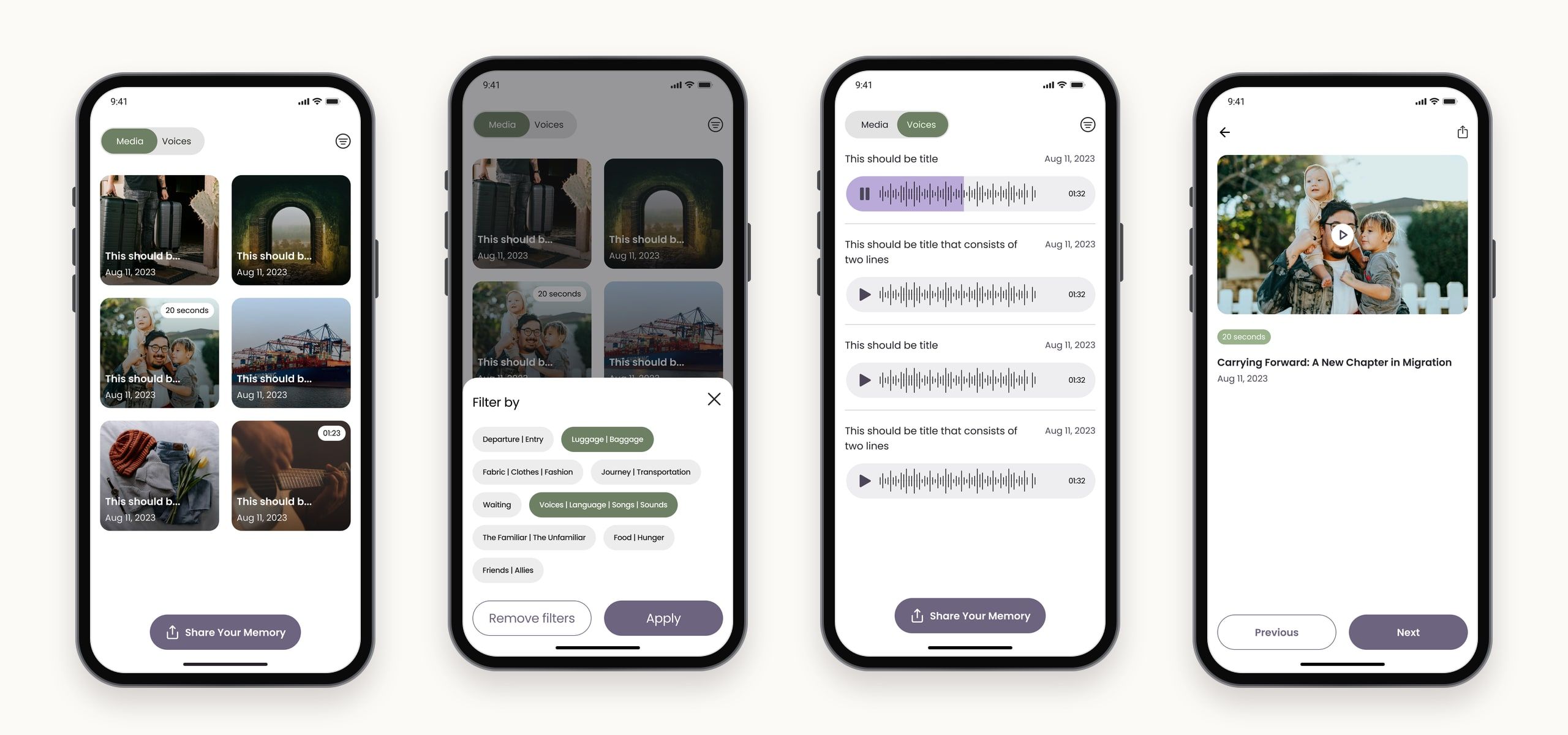 Four gallery screens: a grid of photos and videos under the Media tab, the filter sheet with grouped tags selected, the Voices tab with audio recordings, and a single video story.