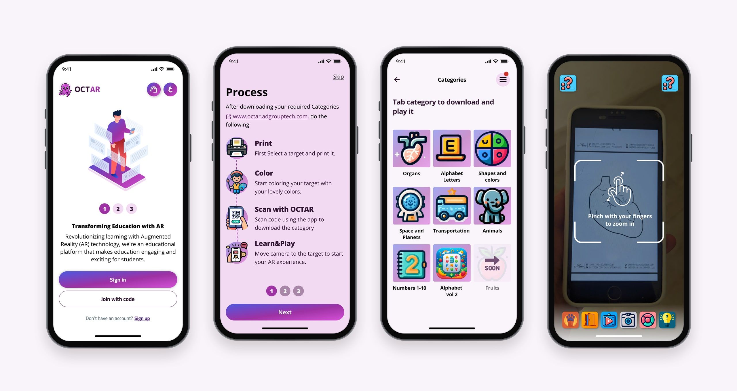 Four OCTAR screens: the welcome screen with sign-in and join-with-code options, the four-step process tutorial, the category library, and the AR camera showing a coloured heart drawing.