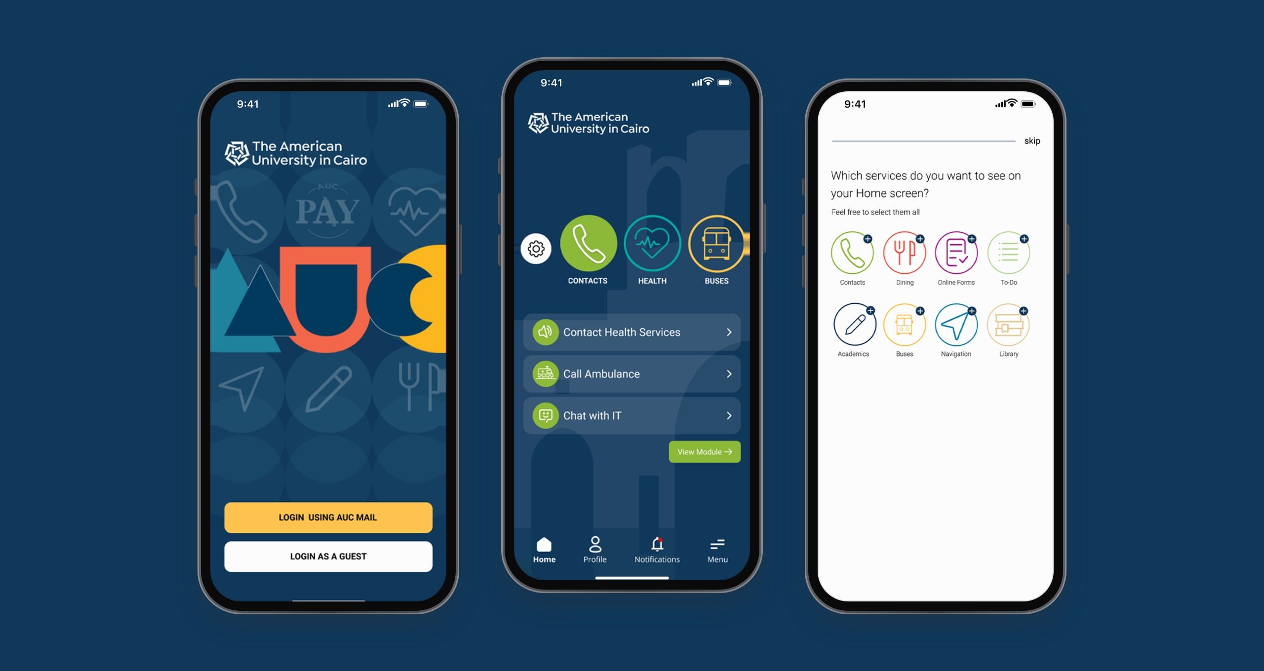 Three MyAUC screens: the welcome screen with log-in options, the home screen with contacts, health and buses shortcuts, and onboarding asking which services to show on the home screen.