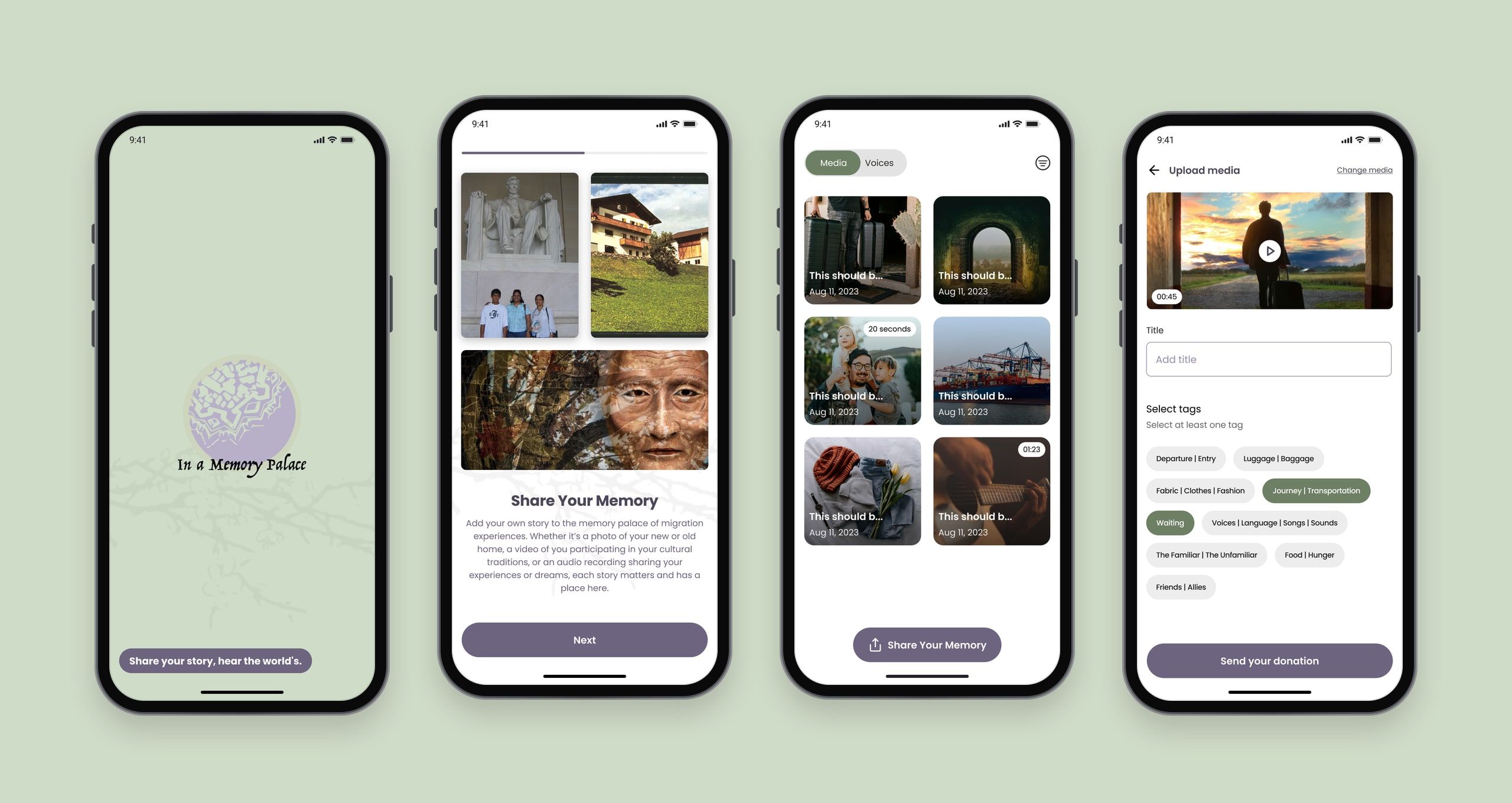 Four In a Memory Palace screens on sage green: the splash screen with the lavender logo, the Share Your Memory onboarding with family photos, the media gallery, and uploading a video with its tags.