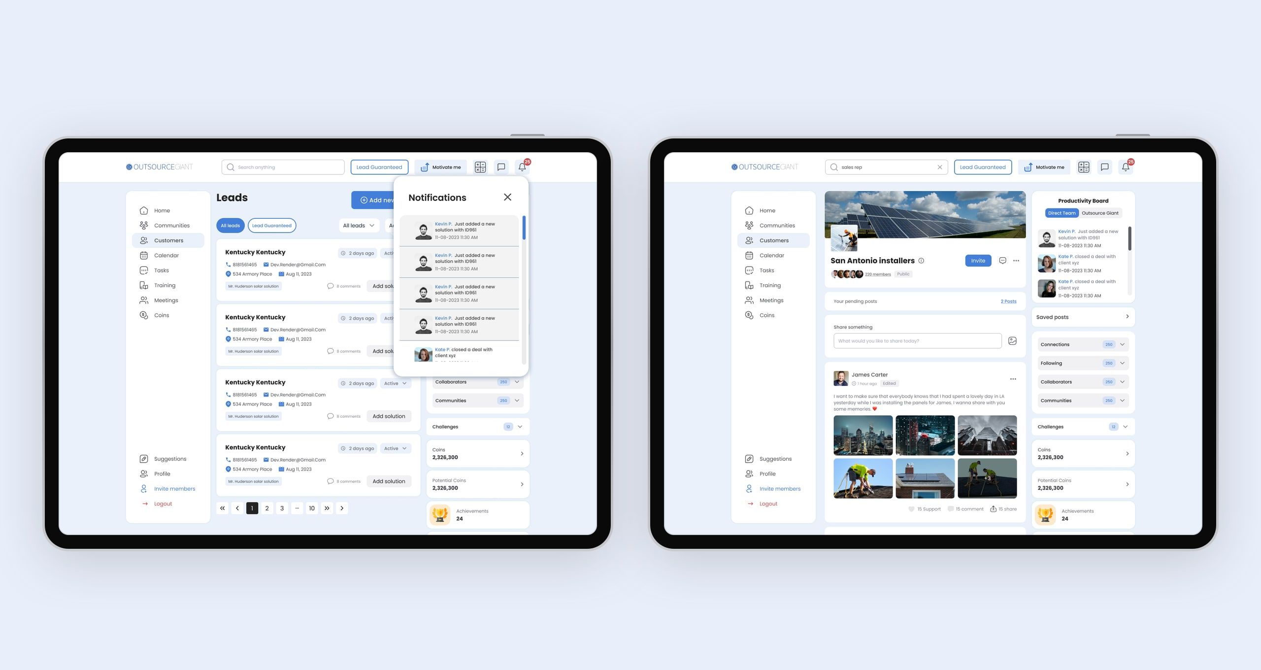 Two Outsource Giant desktop screens on tablets, on light blue: the leads dashboard with notifications open, and the San Antonio installers community feed.