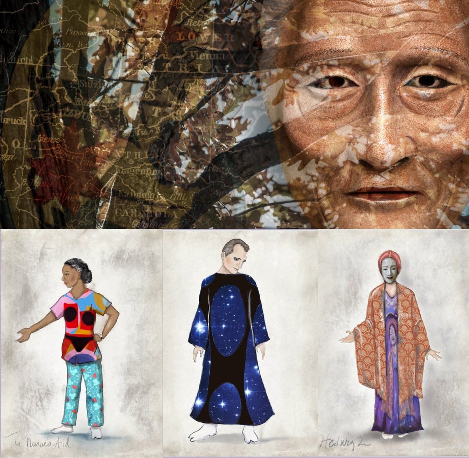 Artwork from the In a Memory Palace production: a collage of an older man's face layered over an old map and autumn leaves, above three hand-drawn costume sketches.