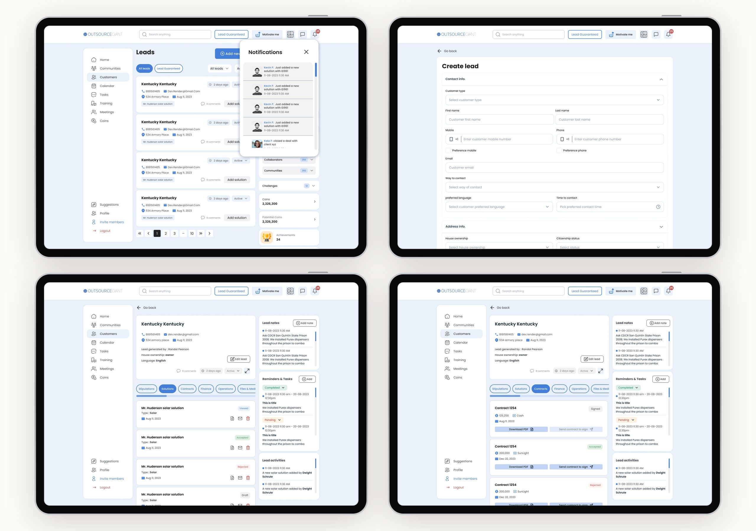 Four desktop screens in tablet frames: the leads list with the notifications panel open, the create lead form, a lead's details with its solutions, and the same lead's contracts.
