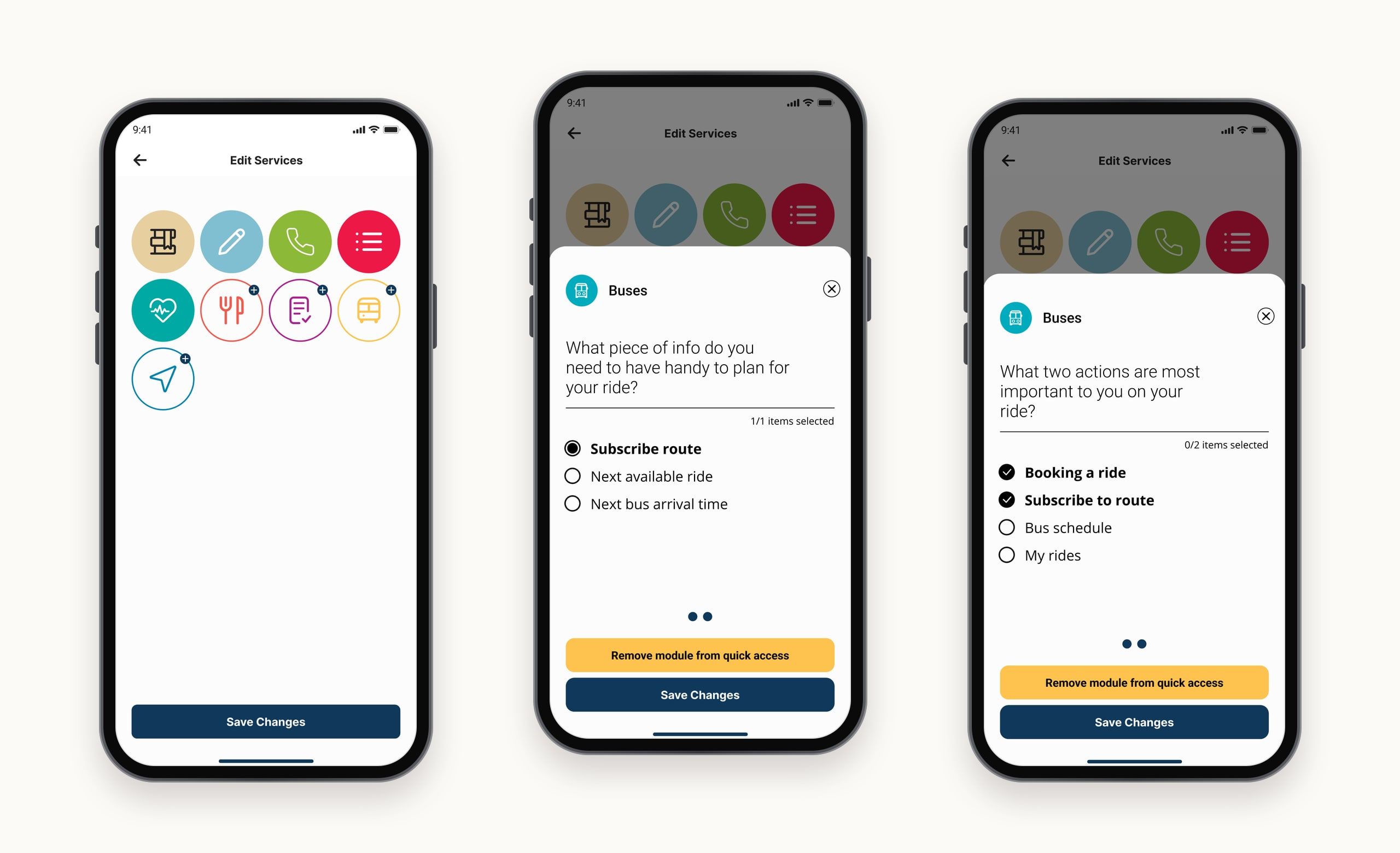 Customisation screens: editing the services on the home screen, choosing the information a service shows, and choosing its quick actions.