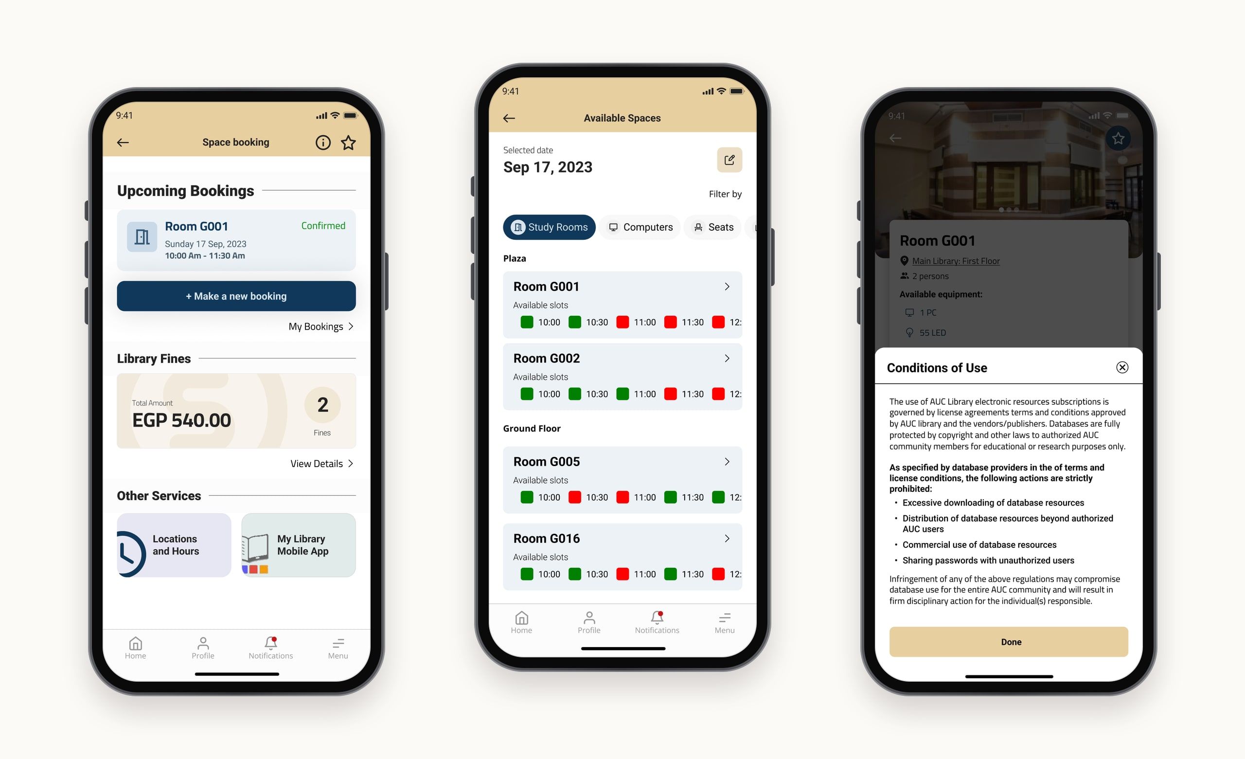 Library screens: upcoming bookings and library fines, available study rooms with time slots, and the library's conditions of use.