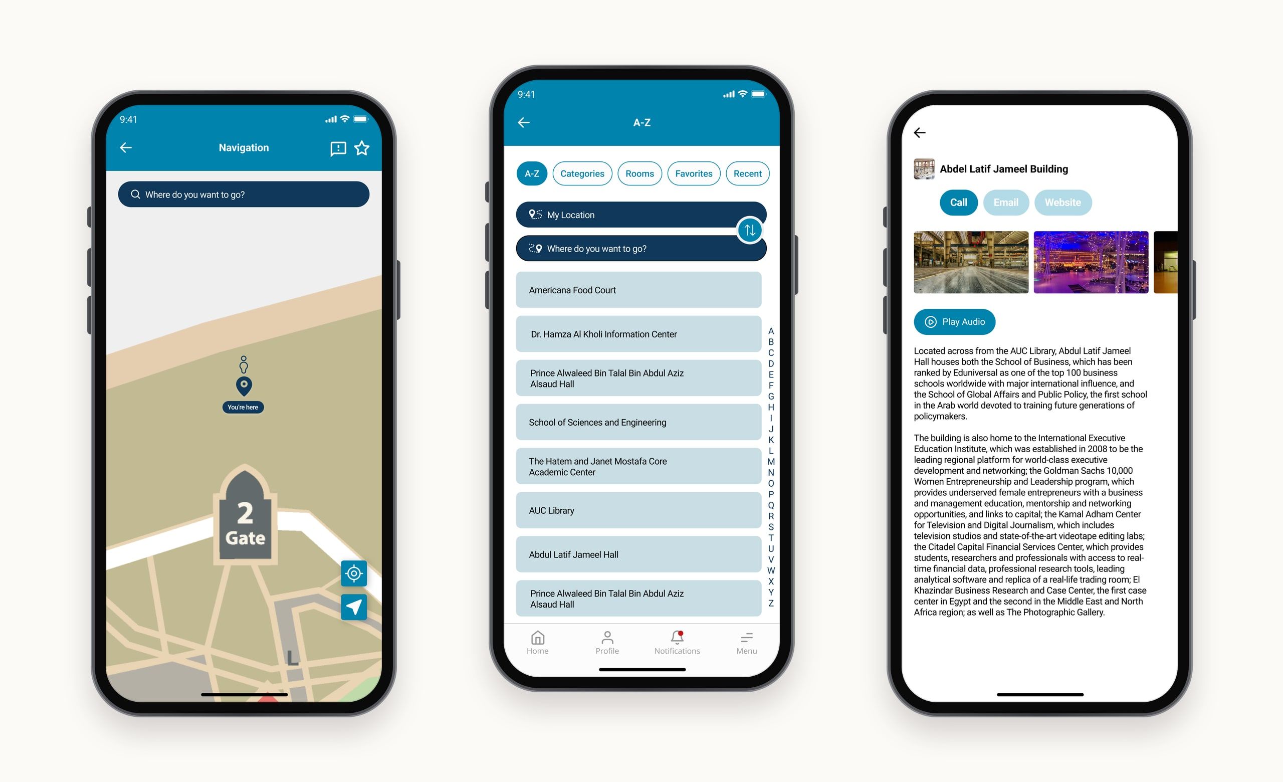 Navigation screens: a campus map with the user's location, campus places listed A to Z, and a building's details with photos.