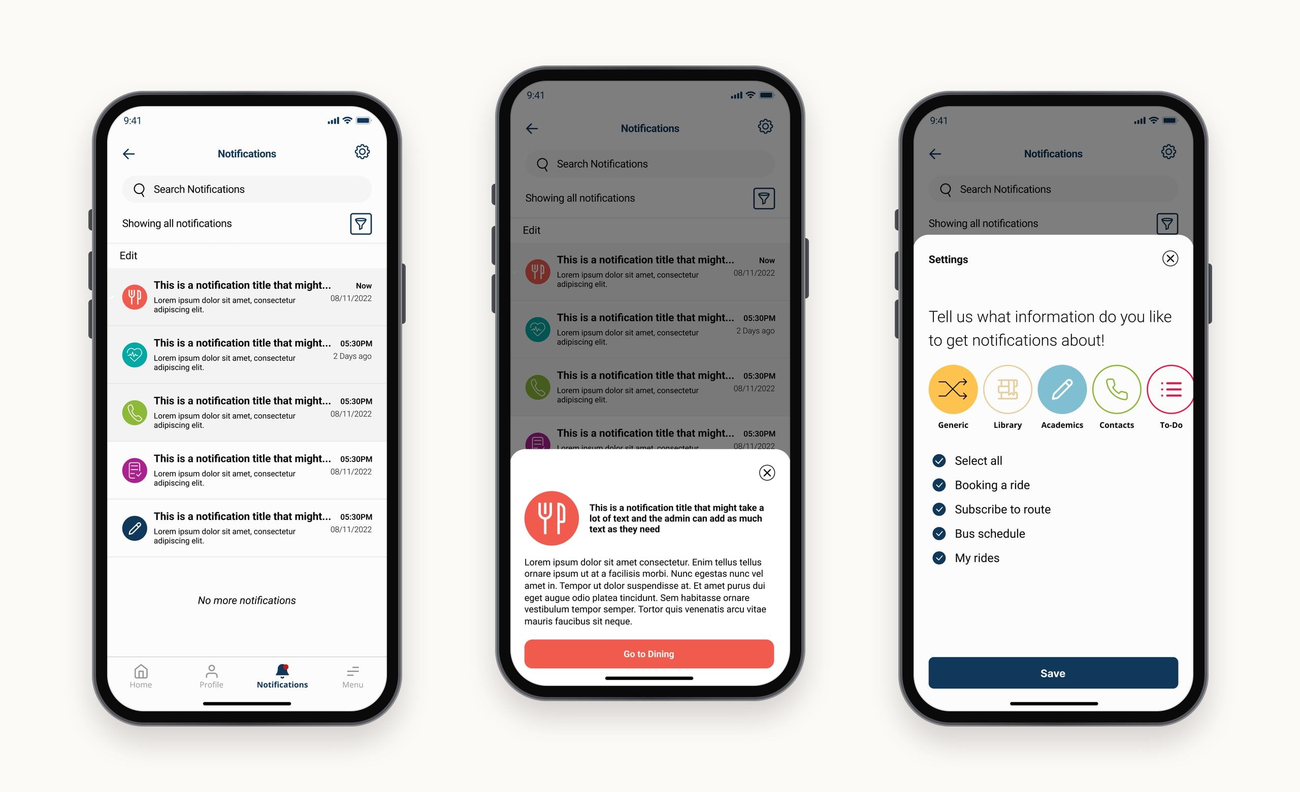 Notification screens: a searchable list of notifications by service colour, a notification opened in a sheet, and settings for which topics to be notified about.