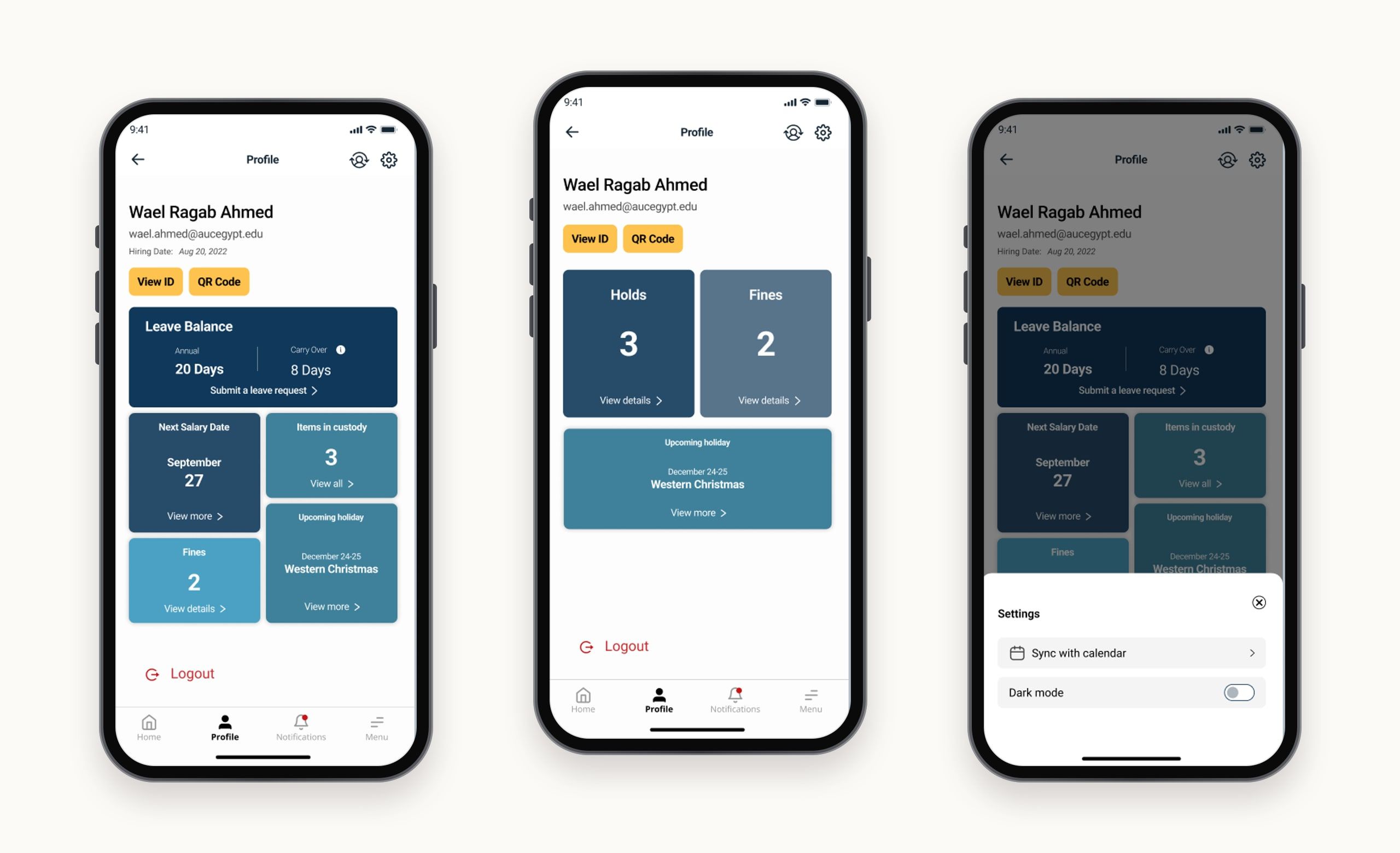 Profile screens: a faculty and staff profile with leave balance, next salary date, items in custody, fines and the upcoming holiday, a student profile with holds, fines and the upcoming holiday, and the settings sheet with calendar sync and dark mode.