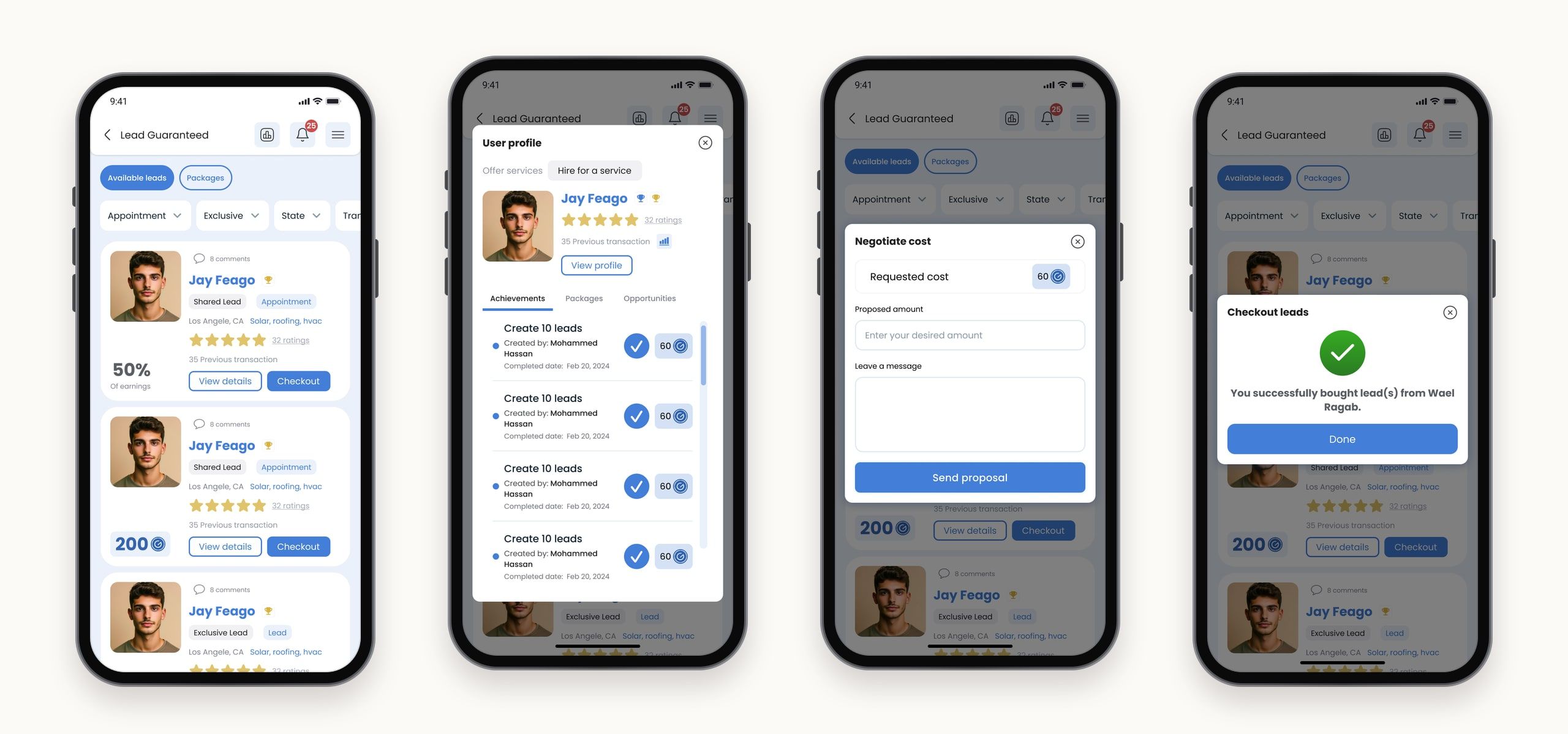 Four mobile Lead Guaranteed screens: available leads with seller ratings and success rates, a seller's profile with achievements, a negotiate cost sheet, and a checkout success message.