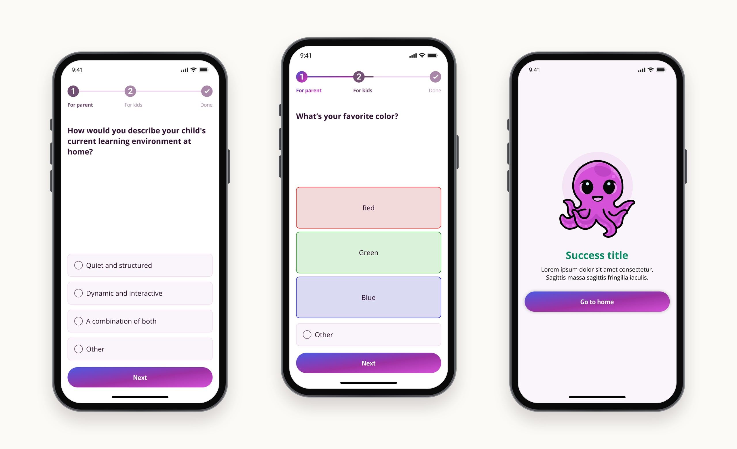 Three onboarding screens: a parent question about the child's learning environment, a kid question asking for their favourite colour with large coloured answers, and the success screen with the OCTAR octopus mascot.