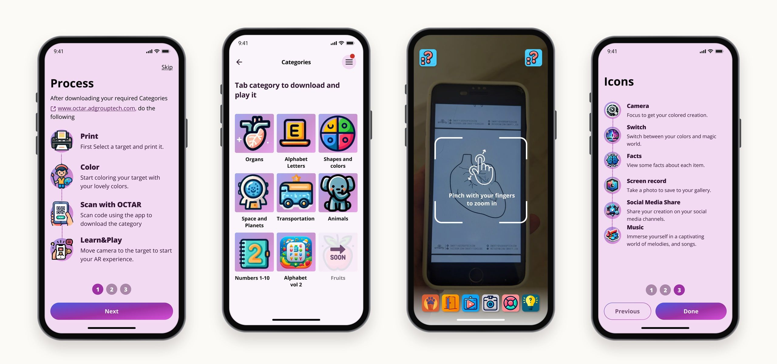 Four OCTAR screens: the Print, Color, Scan and Learn and Play process tutorial, the category library, the AR camera recognising a coloured heart drawing, and a guide to the camera icons.
