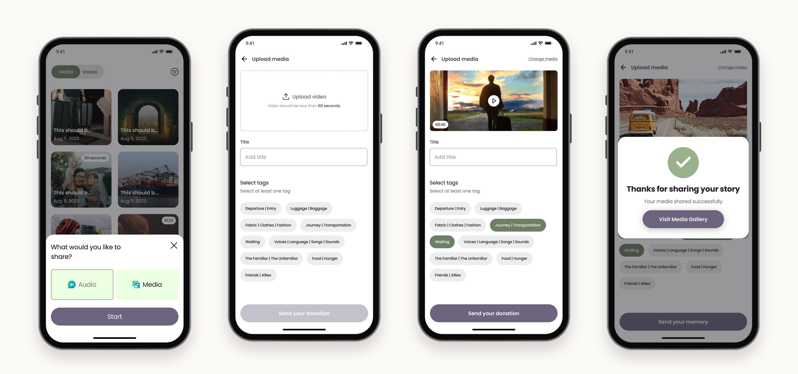 Four sharing screens: choosing between Audio and Media, an empty video upload with tags, the same form filled with a video and selected tags, and a Thanks for sharing your story confirmation.