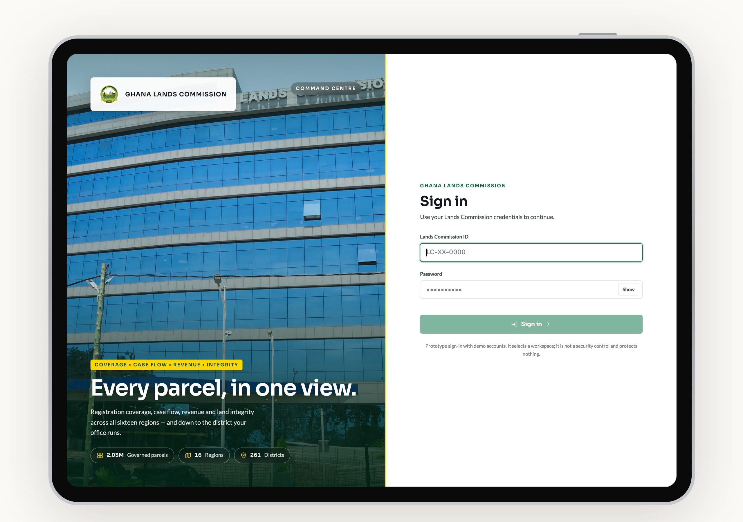 The sign-in screen: a photo of the Lands Commission building with the line Every parcel, in one view and the figures 2.03M governed parcels, 16 regions and 261 districts, next to a form for the Lands Commission ID and password.