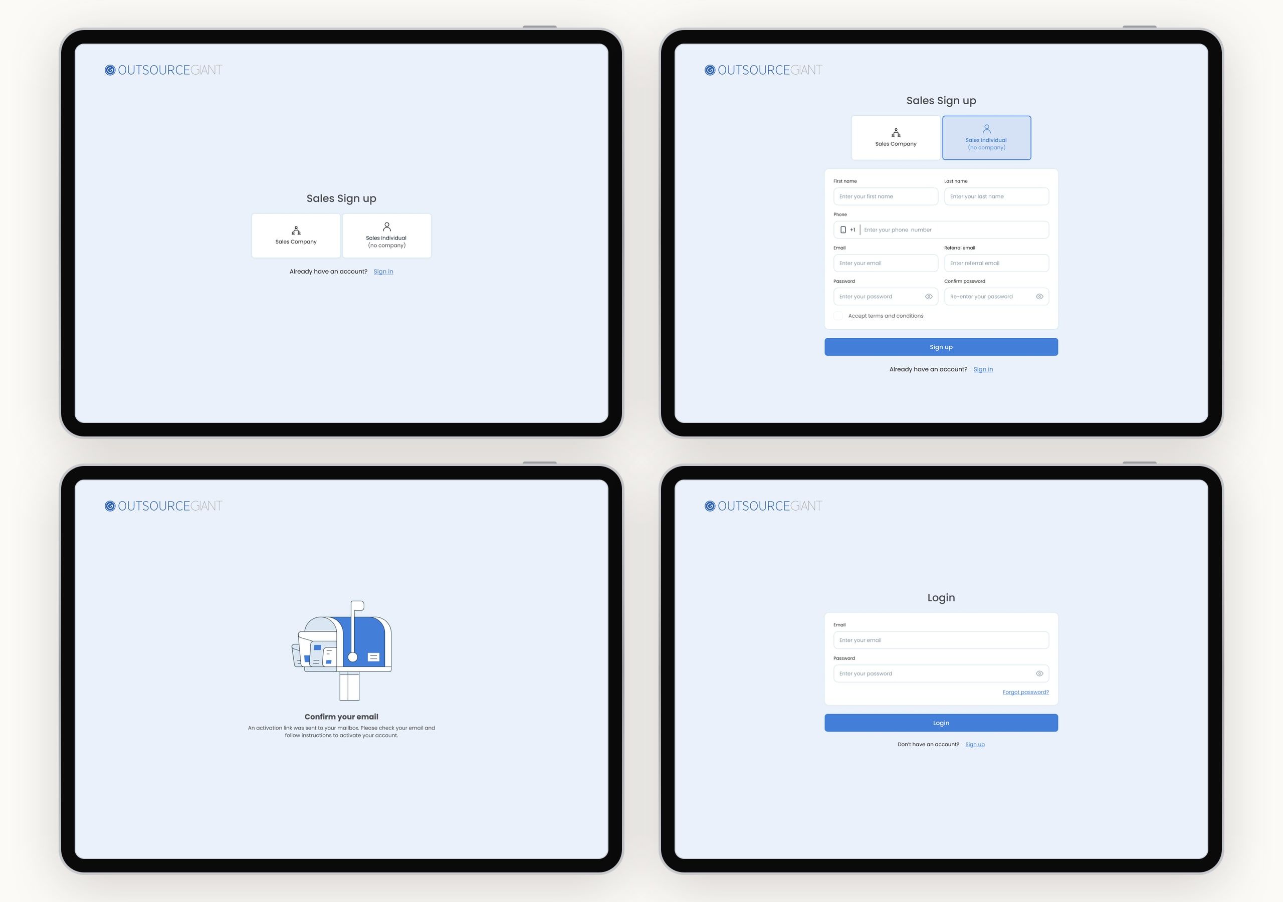 Four desktop screens in tablet frames: the landing screen choosing between Sales Company and Sales Individual, the individual sign-up form, a confirm your email screen, and the login screen.