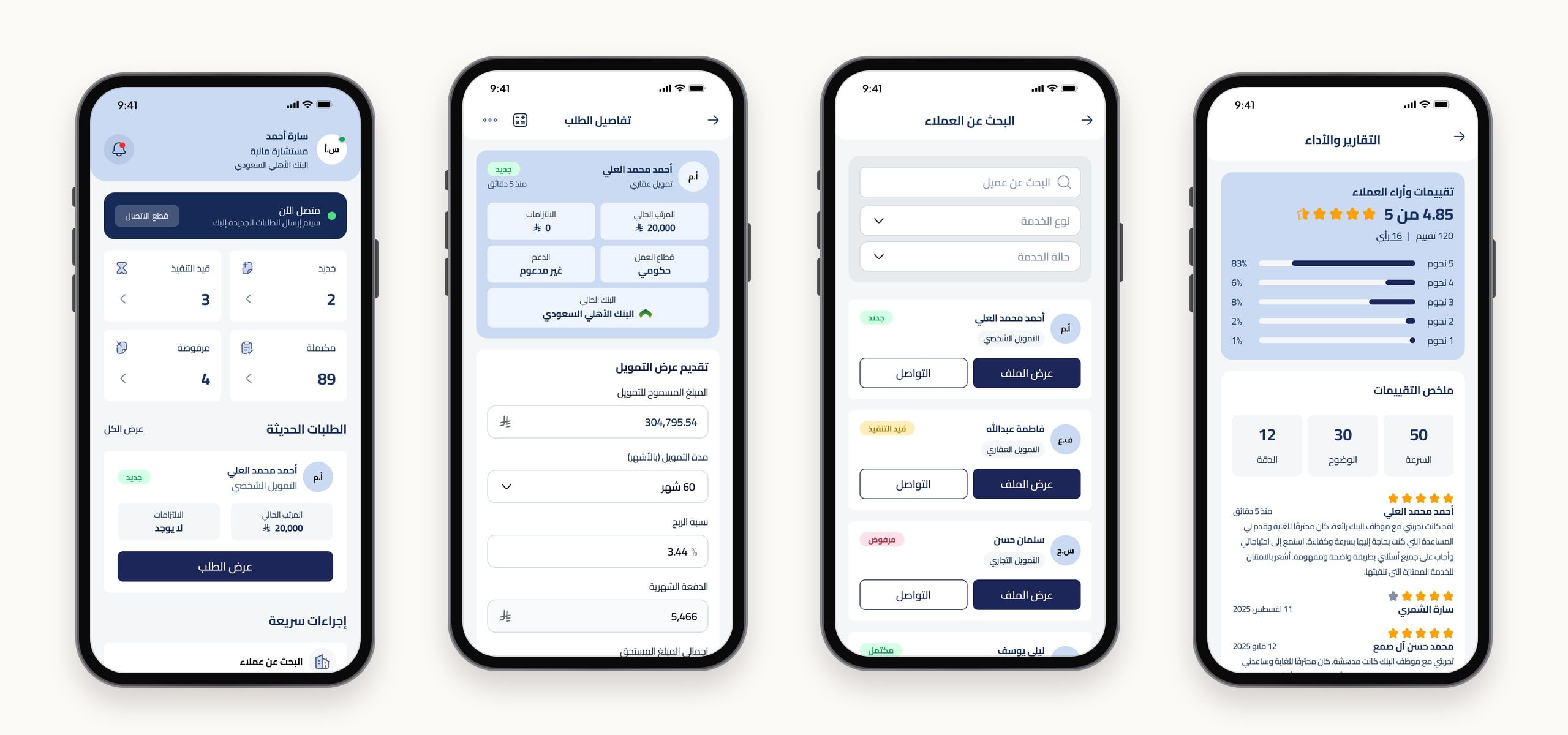 Four bank staff screens in Arabic: a dashboard with request counts by status, a request's details with the offer form, searching customers by service and status, and customer reviews with an average rating.