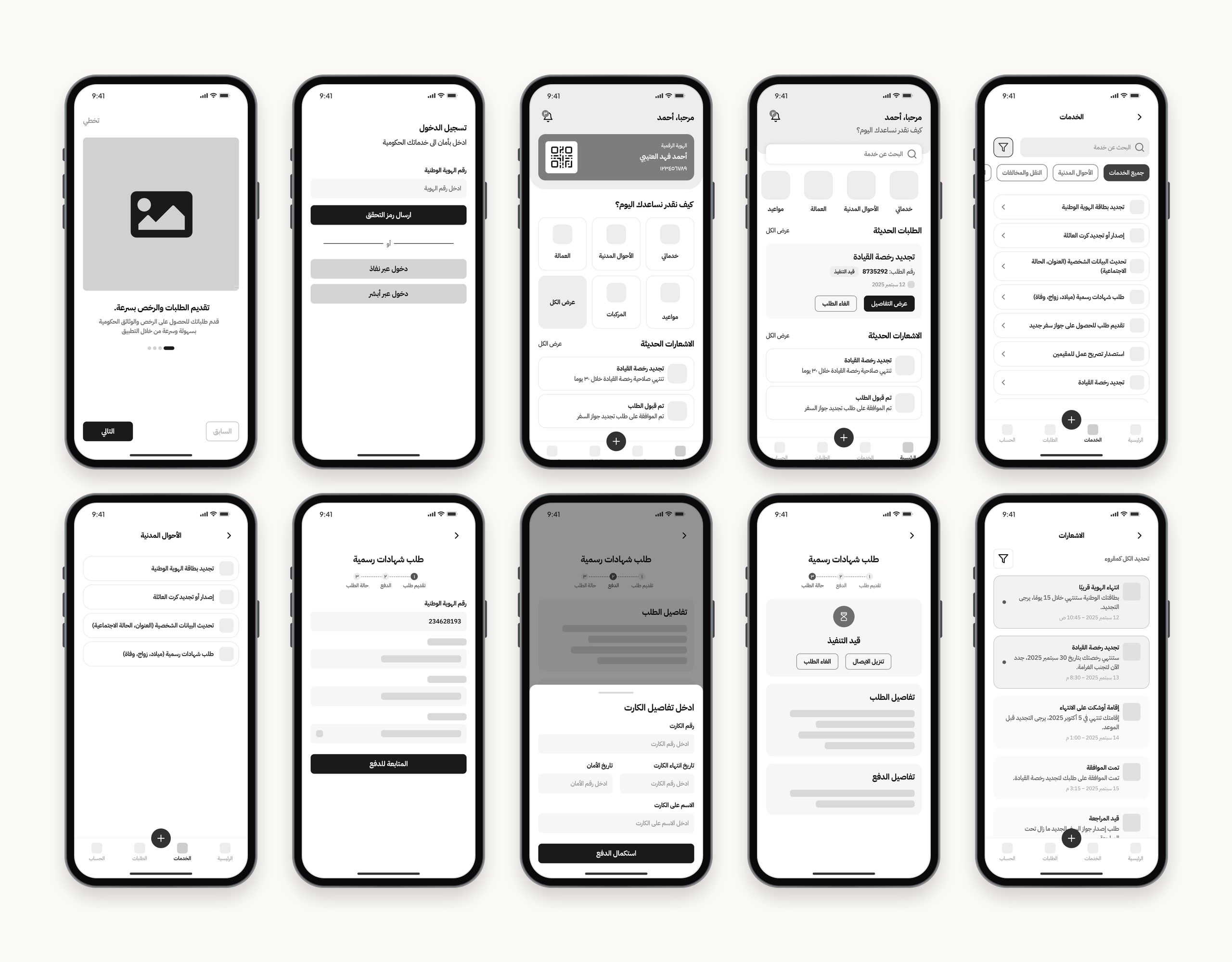 Ten greyscale wireframes in Arabic: onboarding, login, two versions of the home screen, the services list, a service category, the request form, the card details sheet, a request in progress, and notifications.